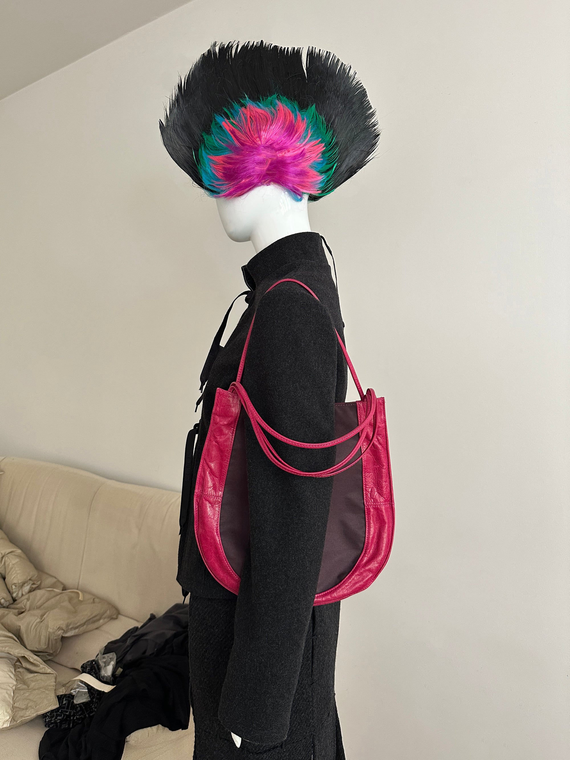 Nylon & Leather Shoulder Bag in Magenta