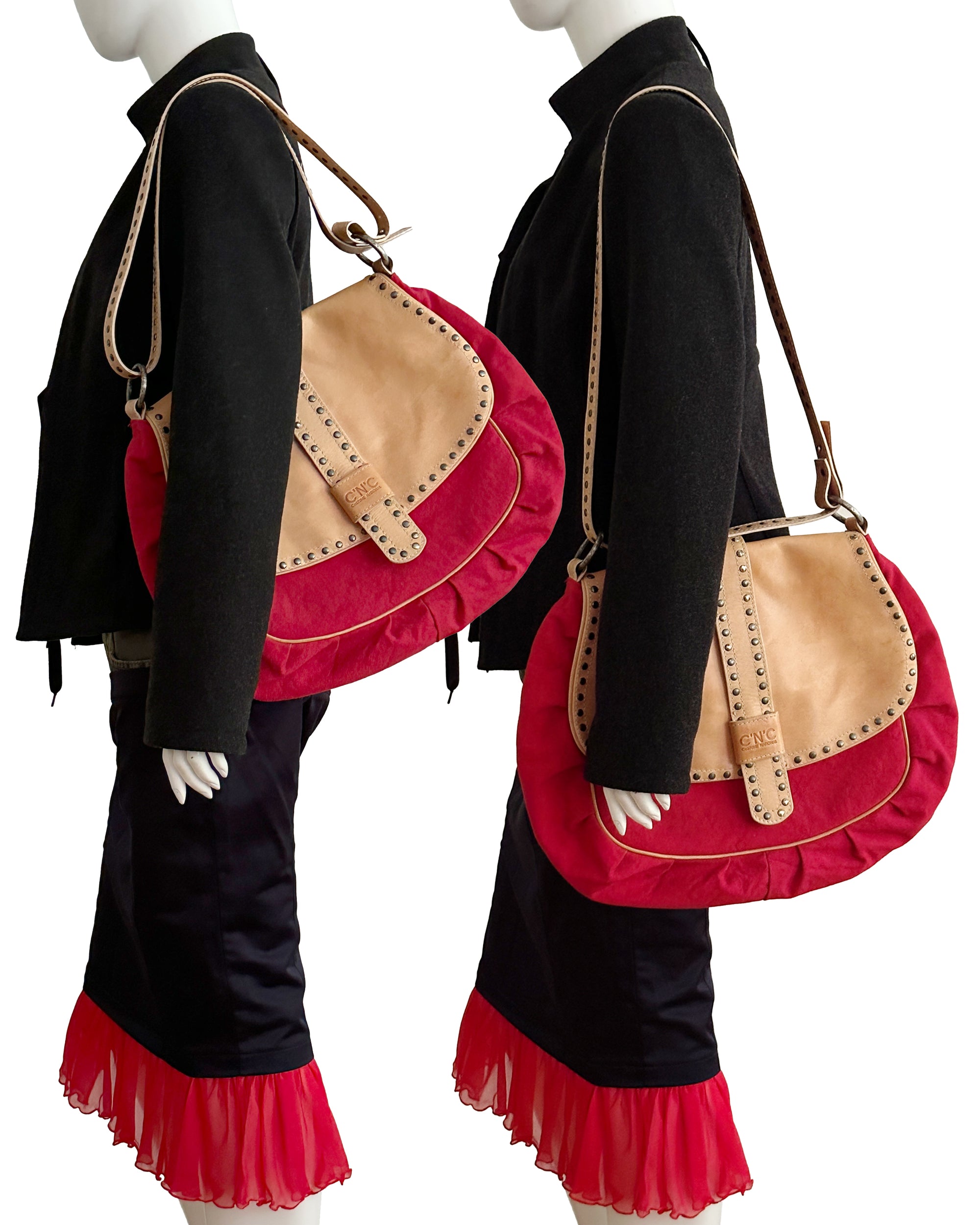 COSTUME NATIONAL Red Cotton & Vachetta Leather Oversized Shoulder Bag