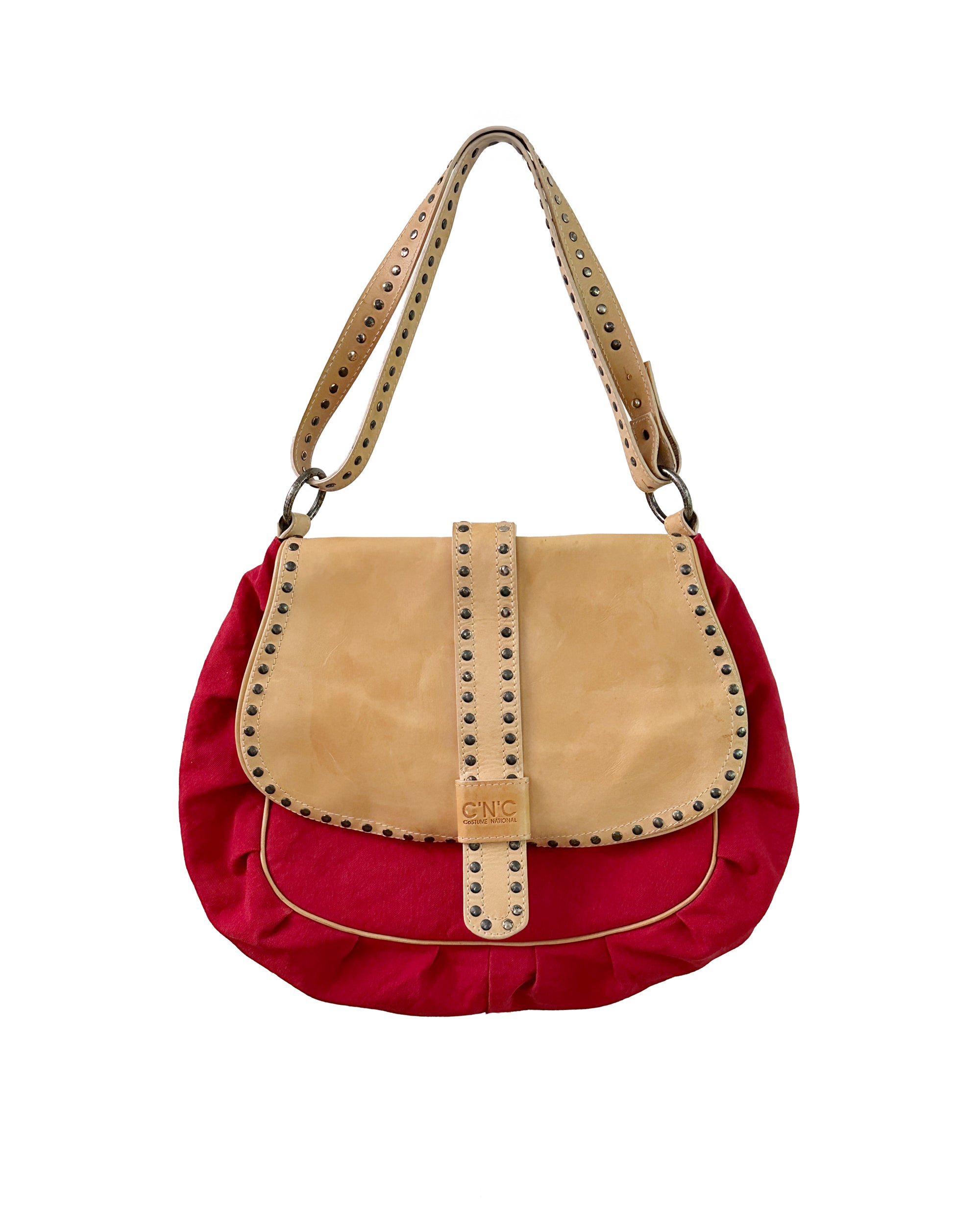 COSTUME NATIONAL Red Cotton & Vachetta Leather Oversized Shoulder Bag