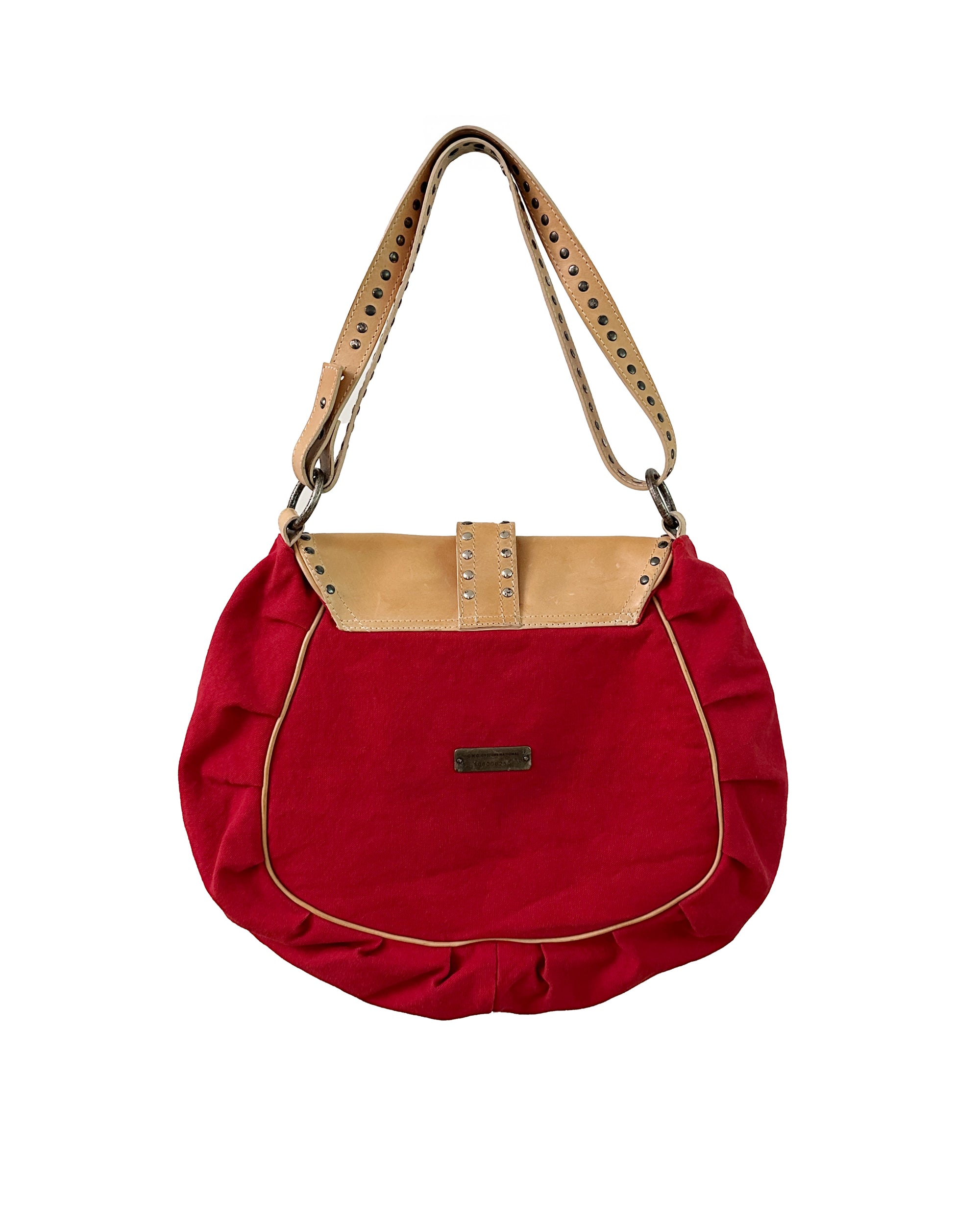 COSTUME NATIONAL Red Cotton & Vachetta Leather Oversized Shoulder Bag