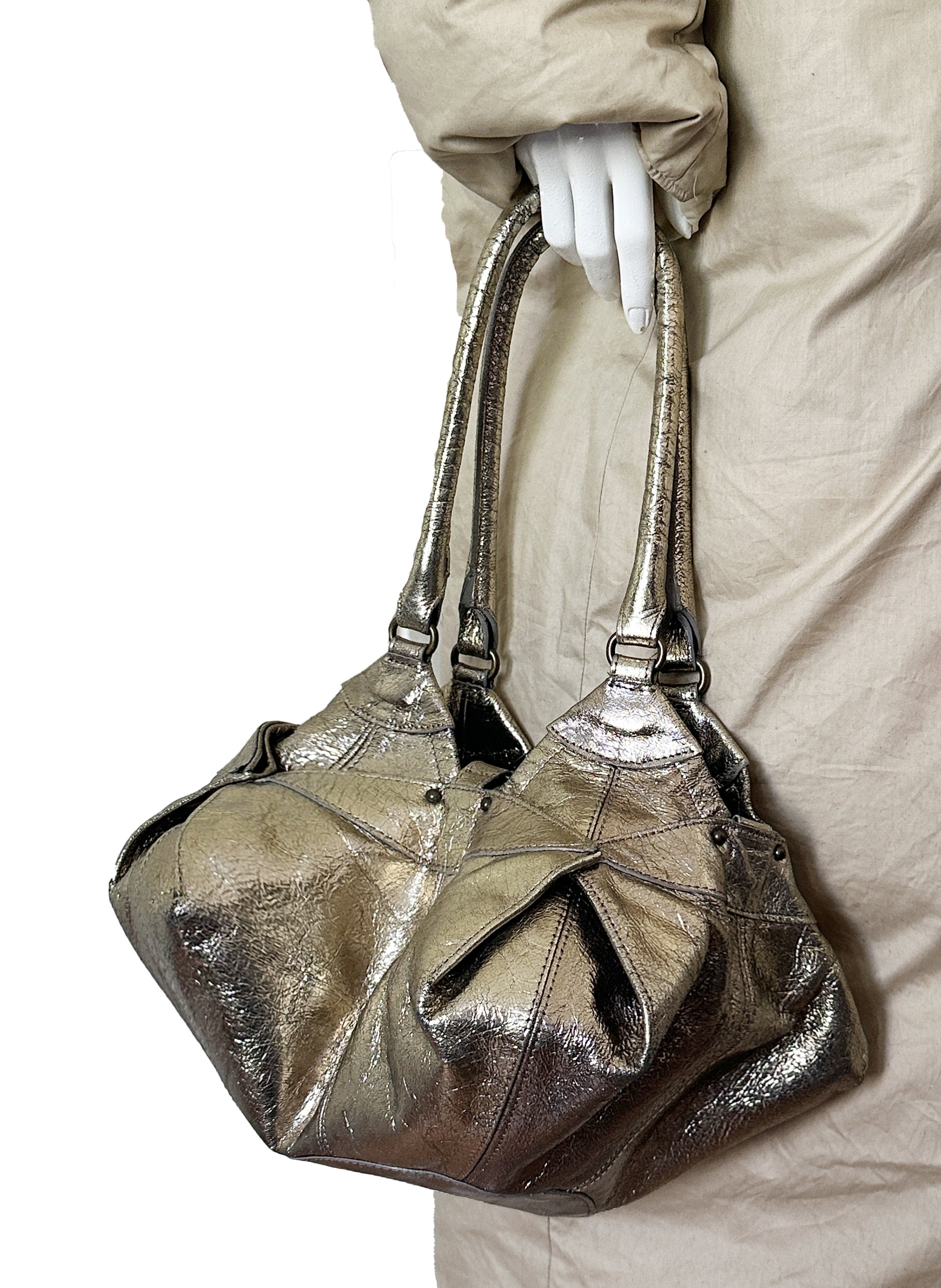 Reversible Origami Handbag in Distressed Metallic Leather