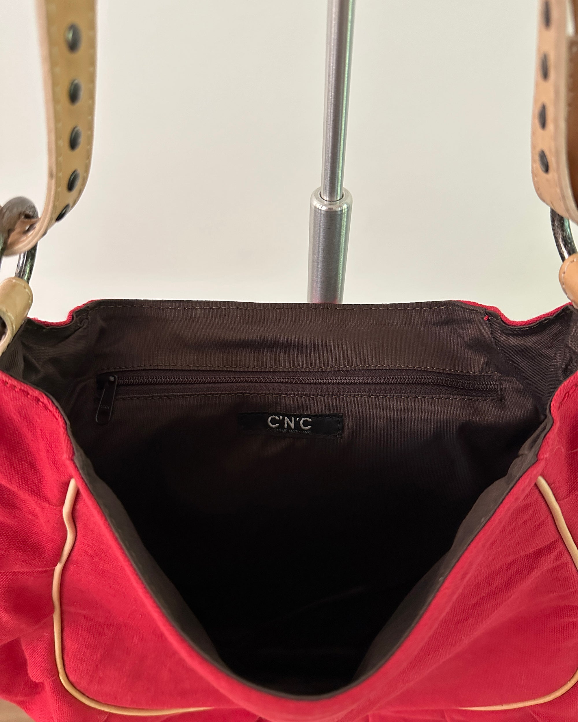 COSTUME NATIONAL Red Cotton &amp; Vachetta Leather Oversized Shoulder Bag